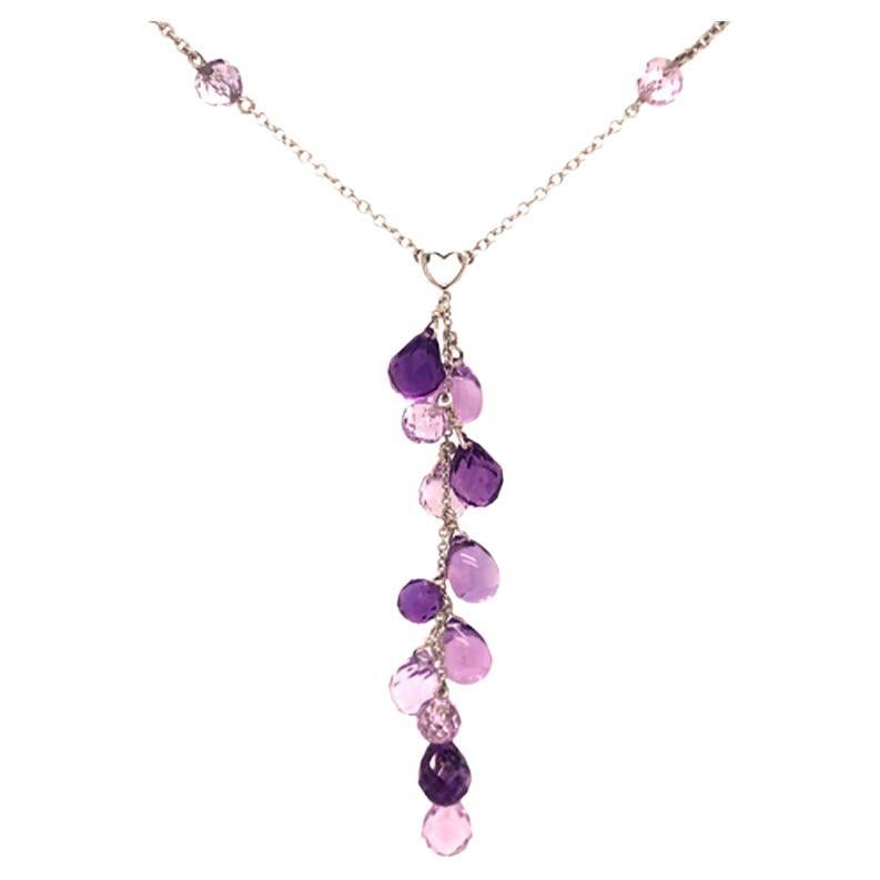 14K White Gold Briolette Cut Amethyst Cluster Chain Necklace with Heart Motif