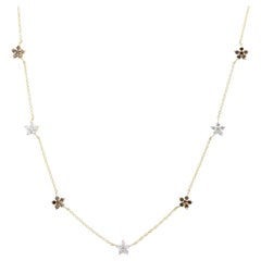 14k Yellow Gold Brown White Diamond Dainty Flower Chain Necklace