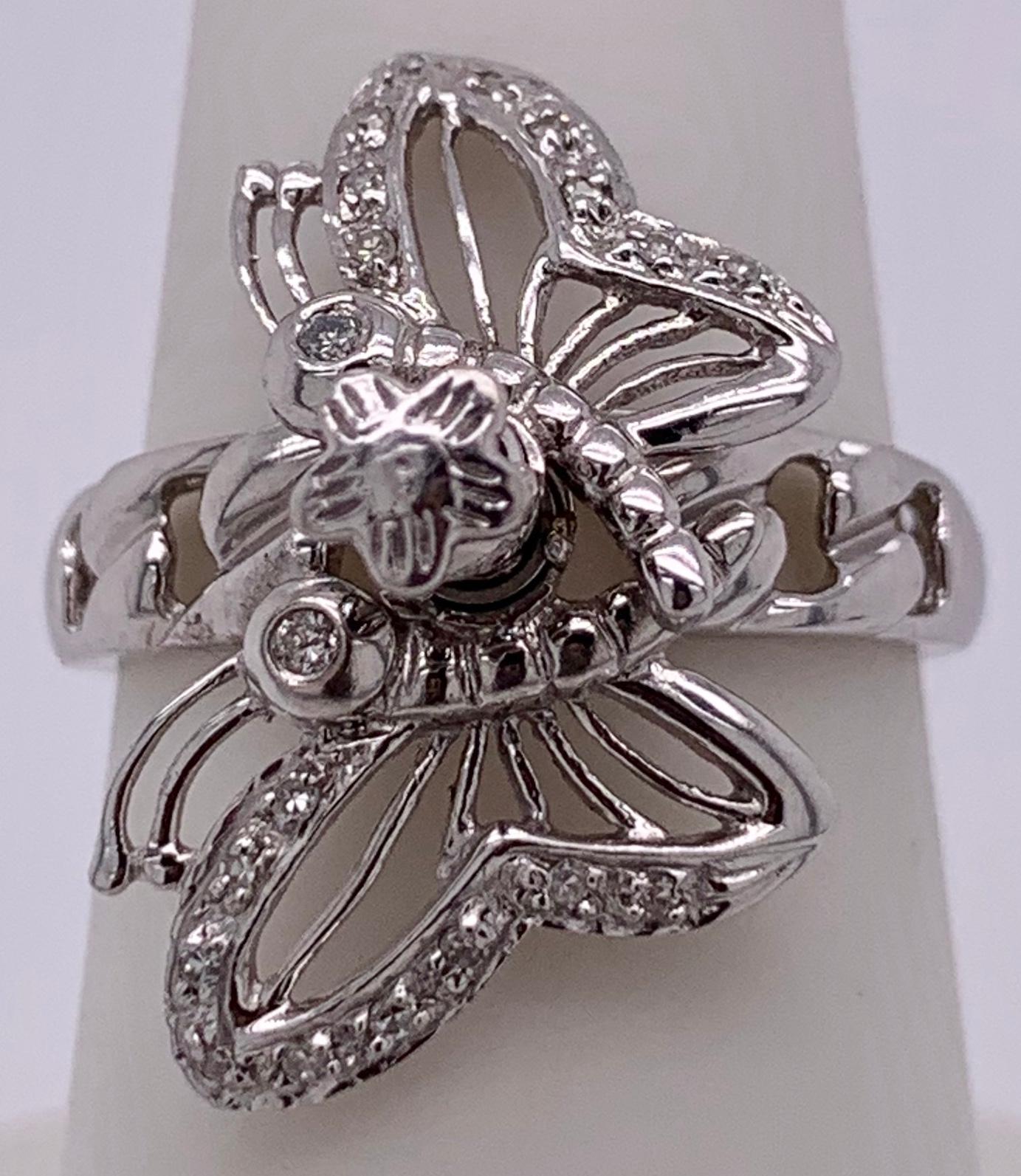 Anello con farfalla e diamante da 0,25 TDW in oro bianco 14k Misura 7 4 grammi 