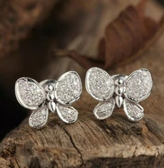 14K White Gold Butterfly Earring Studs Genuine Diamond