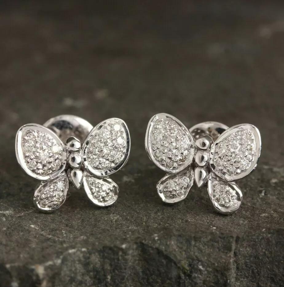 Round Cut 14K White Gold Butterfly Earring Studs Genuine Diamond For Sale