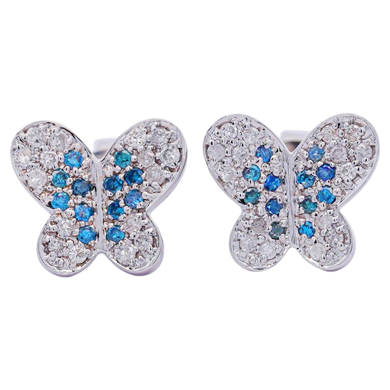 14K White Gold Butterfly Motif Blue & White Diamond Pave Stud Earring