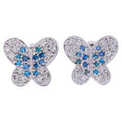 14K White Gold Butterfly Motif Blue & White Diamond Pave Stud Earring
