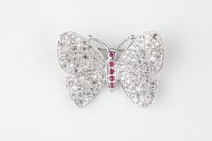 14k White Gold Butterfly Pave 1.87 Carat Diamond Brooch with Ruby Accents