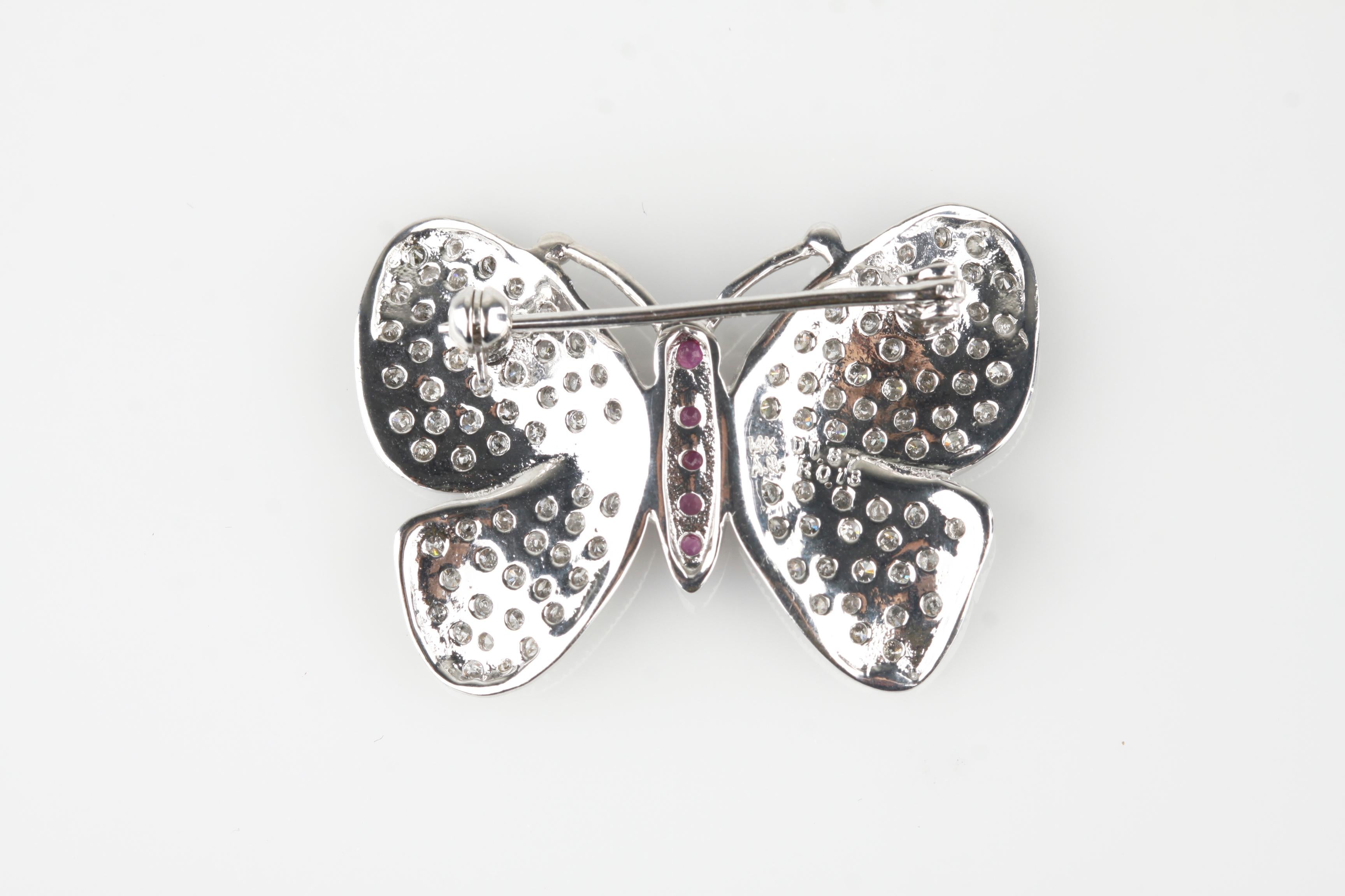 Modern 14k White Gold Butterfly Pave 1.87 Carat Diamond Brooch with Ruby Accents For Sale