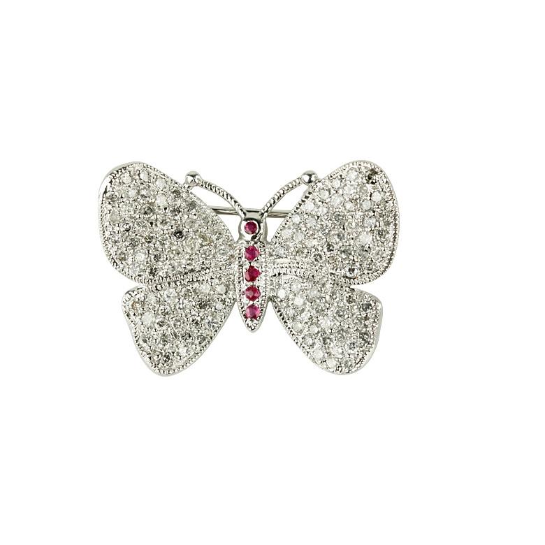 Round Cut 14k White Gold Butterfly Pave 1.87 Carat Diamond Brooch with Ruby Accents For Sale