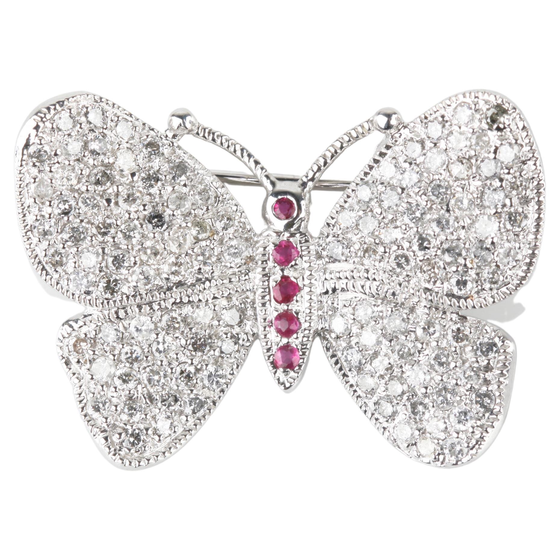 14k White Gold Butterfly Pave 1.87 Carat Diamond Brooch with Ruby Accents For Sale