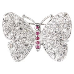 Vintage 14k White Gold Butterfly Pave 1.87 Carat Diamond Brooch with Ruby Accents