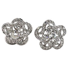 Vintage 14k White Gold Button Flower Earrings with Diamonds and Omega Backs