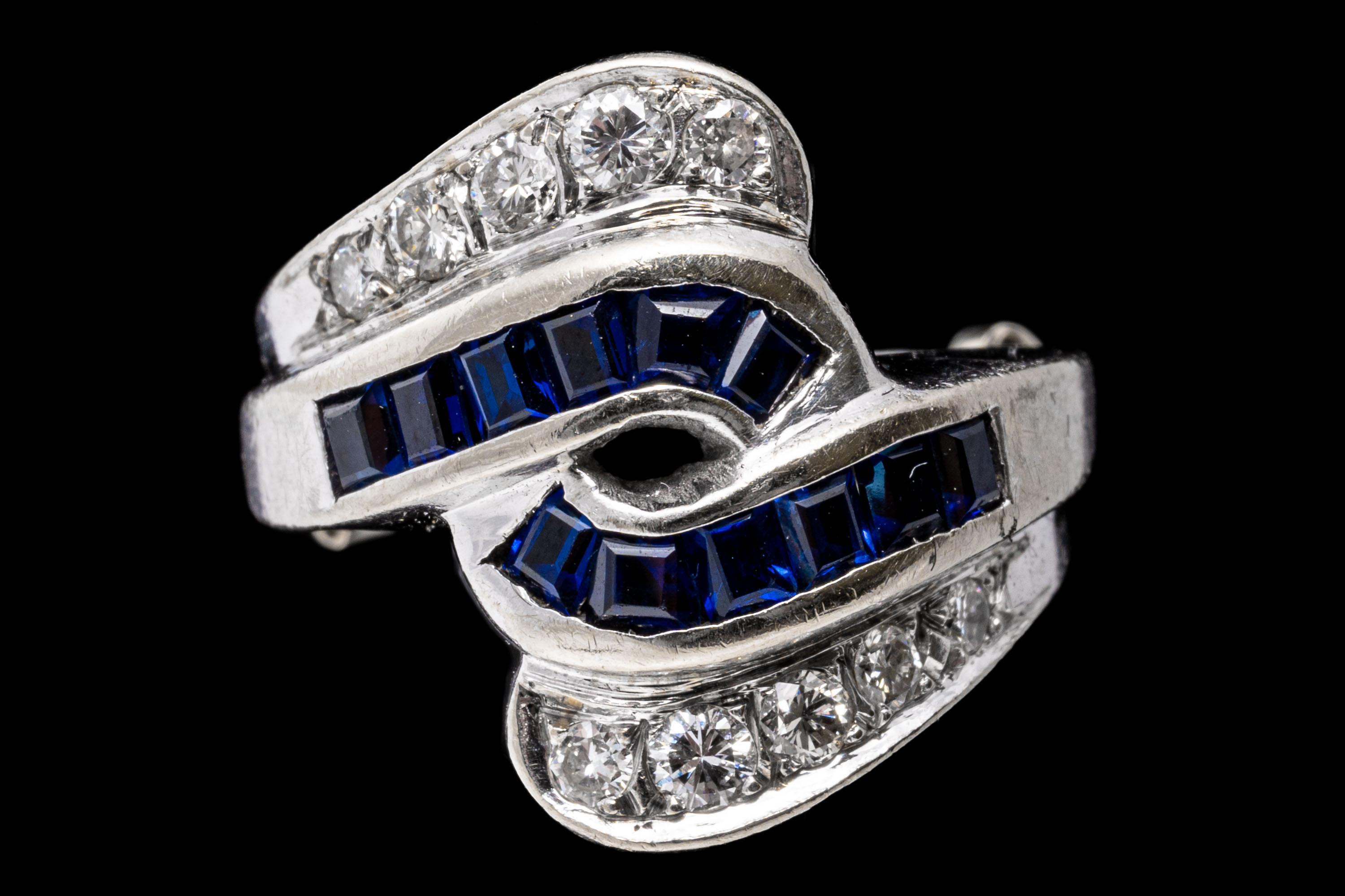 14k White Gold Bypass Channel Sapphire and Diamond Ring For Sale 1