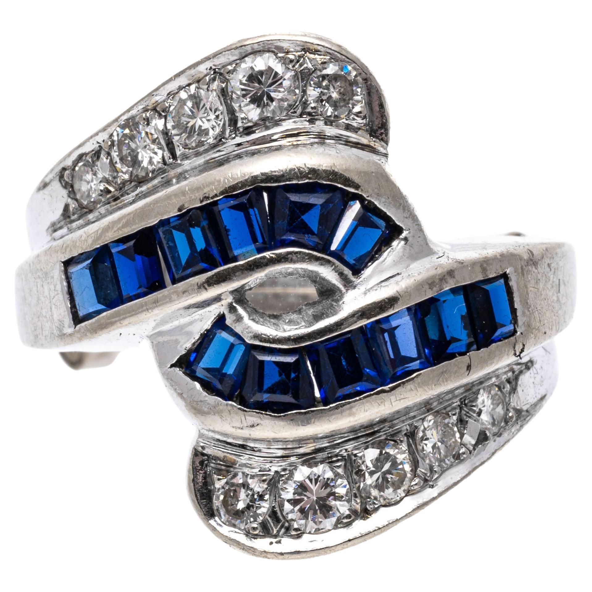 14k White Gold Bypass Channel Sapphire and Diamond Ring For Sale
