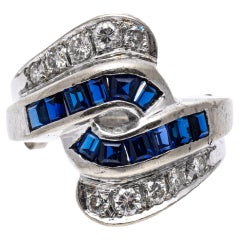Vintage 14k White Gold Bypass Channel Sapphire and Diamond Ring