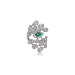 14K White Gold Bypass Diamond & Emerald Snowstorm Motif Ring