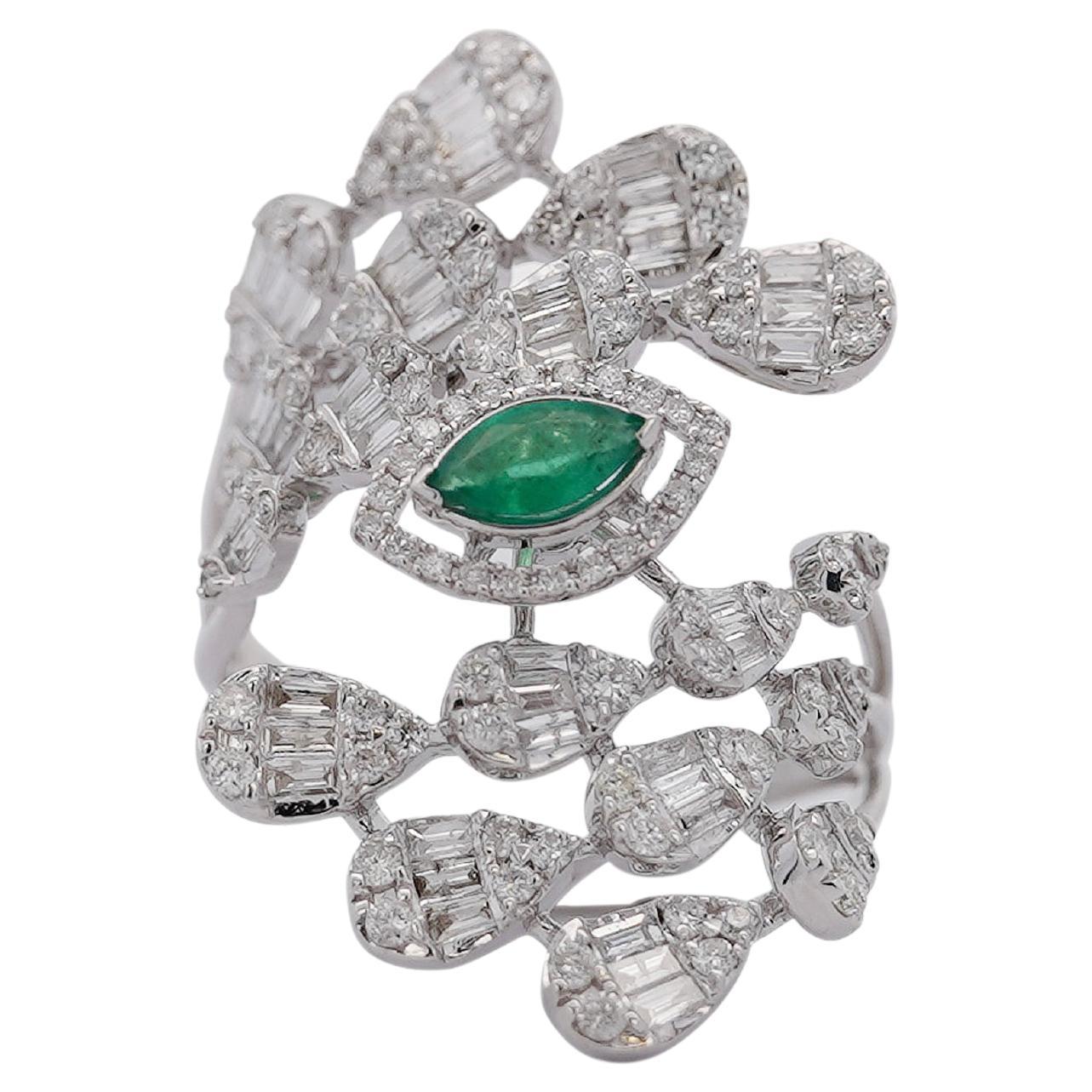 14K White Gold Bypass Diamond & Emerald Snowstorm Motif Ring