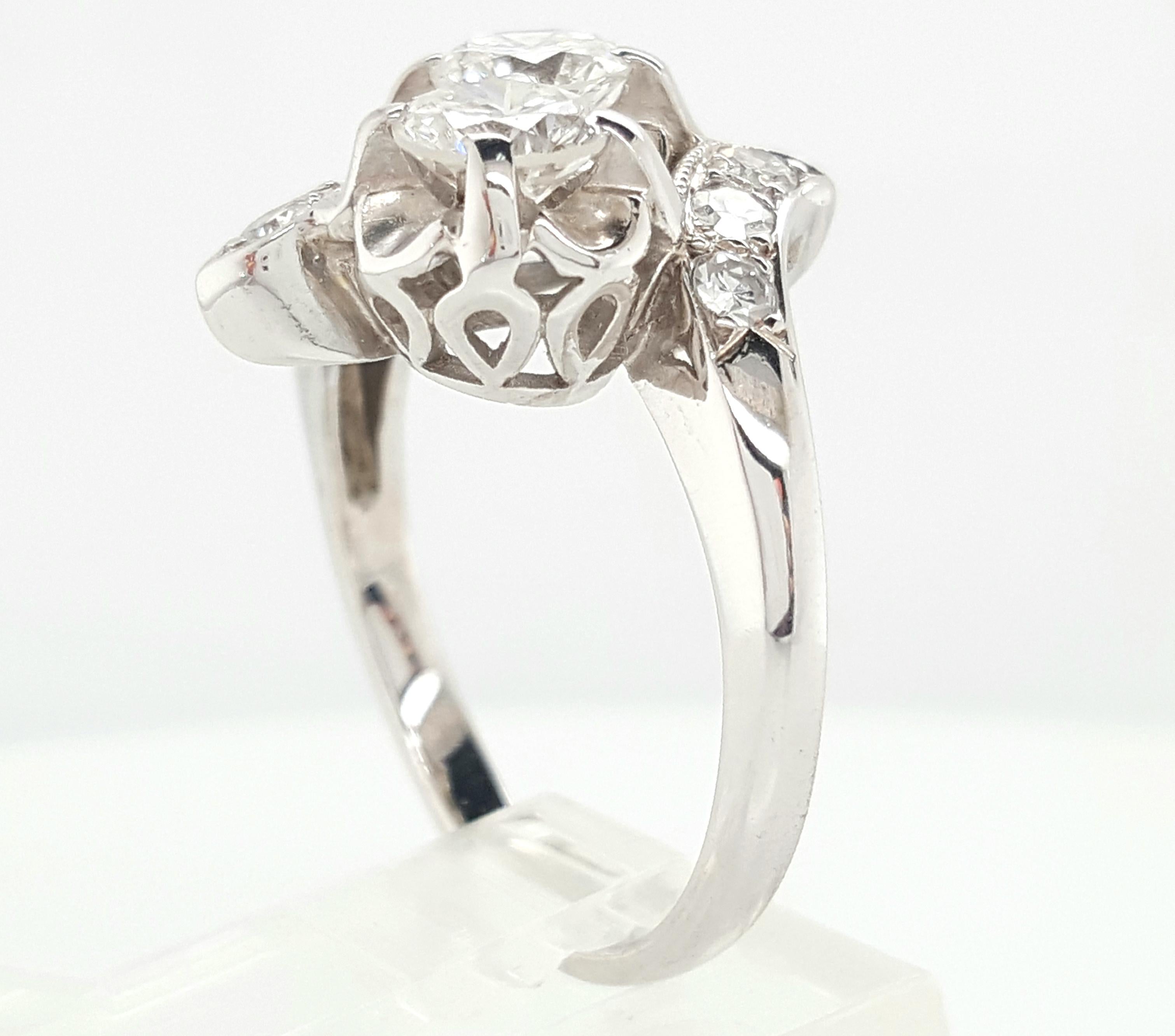 Art Deco 14 Karat White Gold Bypass Ring with Two Round Brilliant Cut Diamonds For Sale