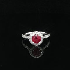 14k White Gold C. Dunaigre 1.33ct No Heat Vivid Red Round Ruby Diamond Halo Ring