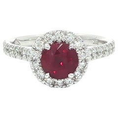 14k White Gold C. Dunaigre 1.33ct No Heat Vivid Red Round Ruby Diamond Halo Ring