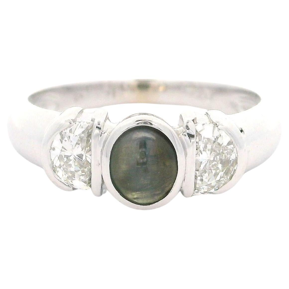 14k White Gold Cabochon Chrysoberyl Cat's Eye & 0.36ctw Half Moon Diamond Ring