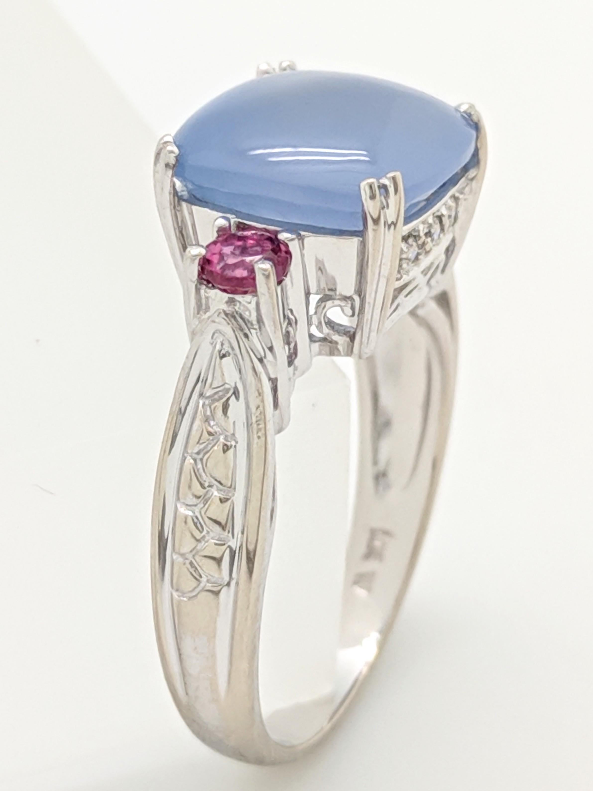 14 Karat White Gold Cabochon Cut Purple Jade and Pink Tourmaline Ring For Sale 1
