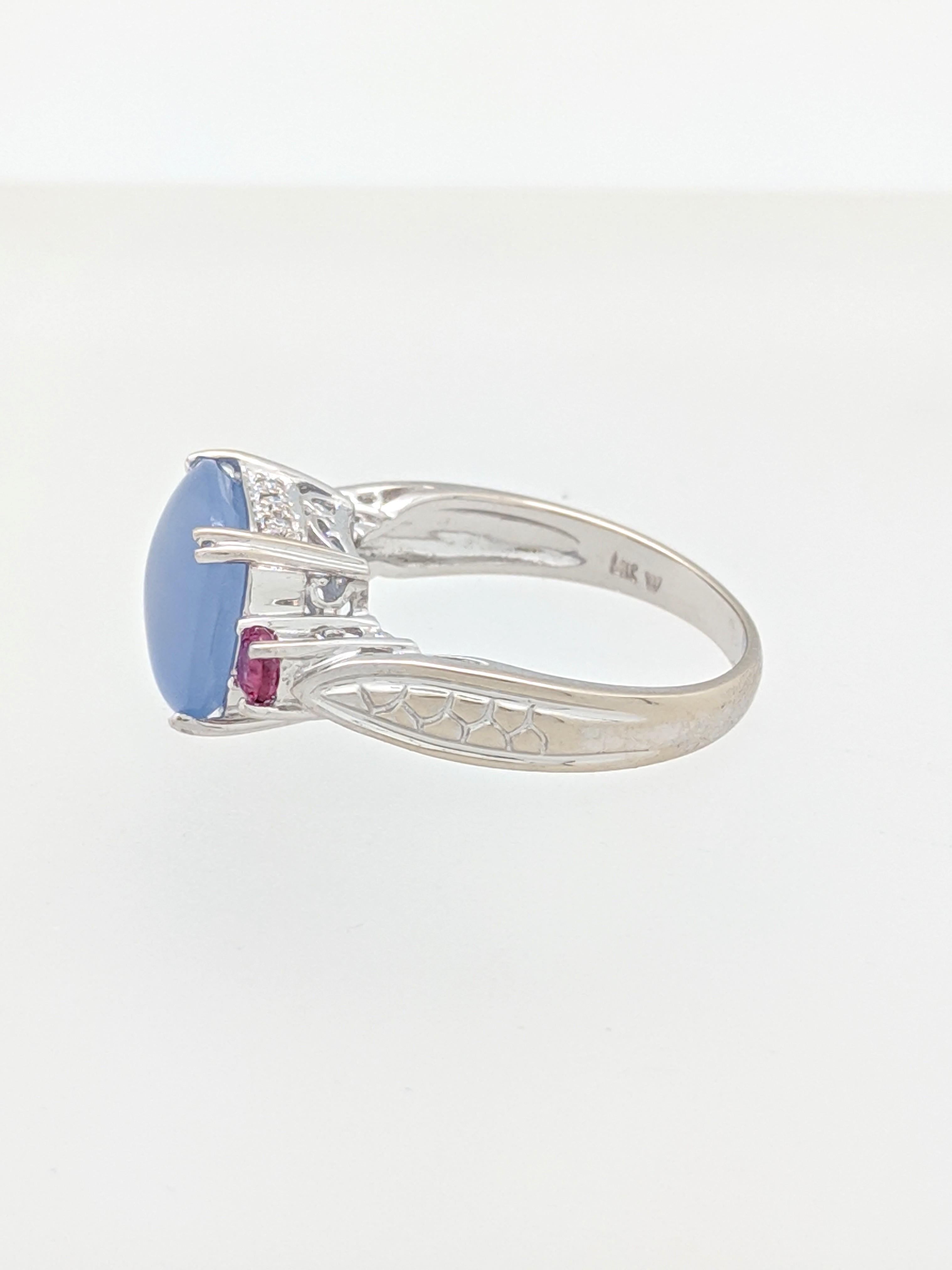 14 Karat White Gold Cabochon Cut Purple Jade and Pink Tourmaline Ring For Sale 2