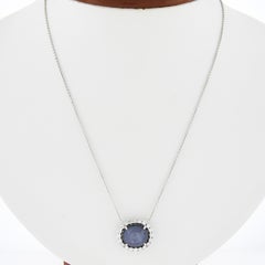 14k White Gold Cabochon Grayish Blue Star Sapphire Diamond Halo Pendant Necklace
