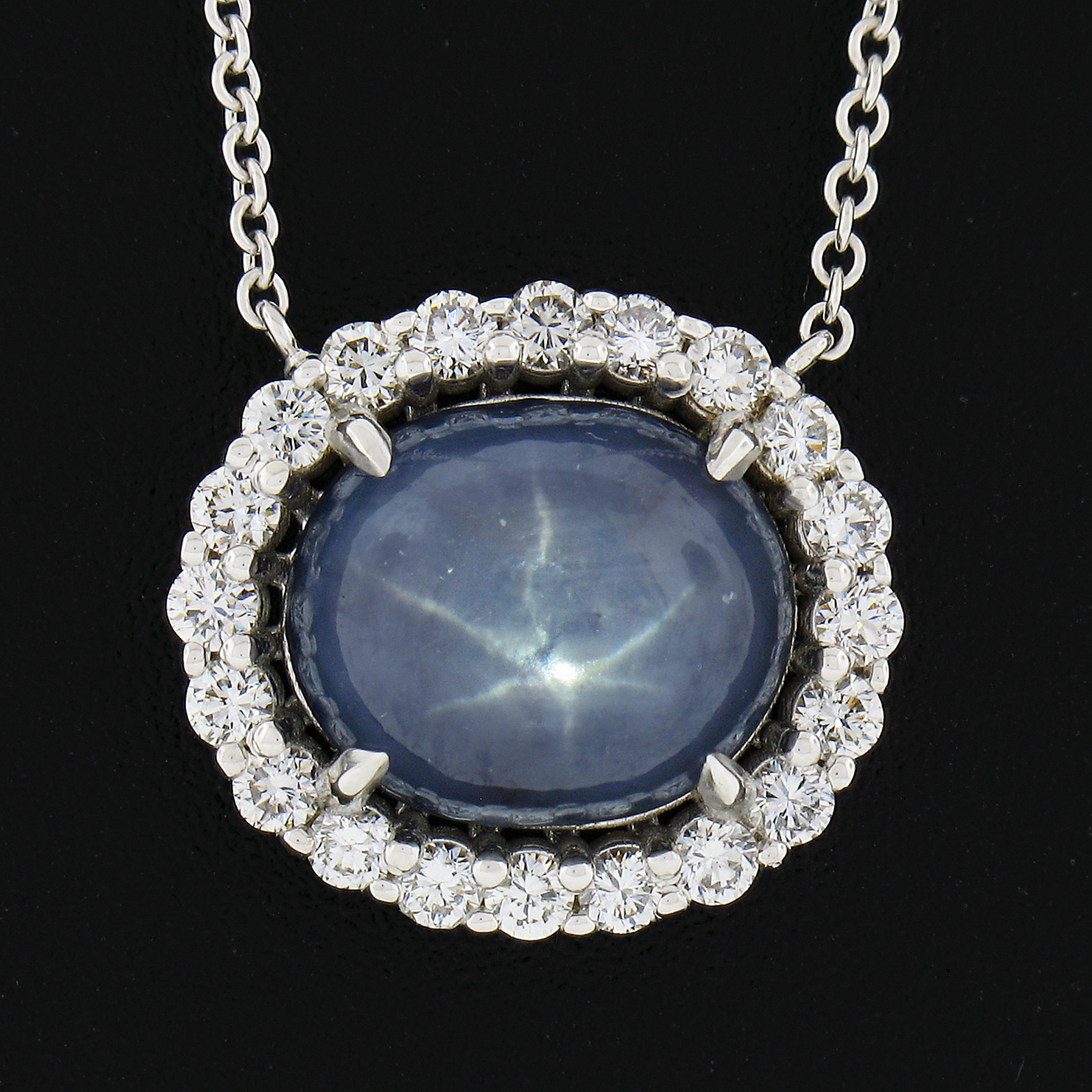 14k White Gold Cabochon Grayish Blue Star Sapphire Diamond Halo Pendant Necklace In Excellent Condition In Montclair, NJ