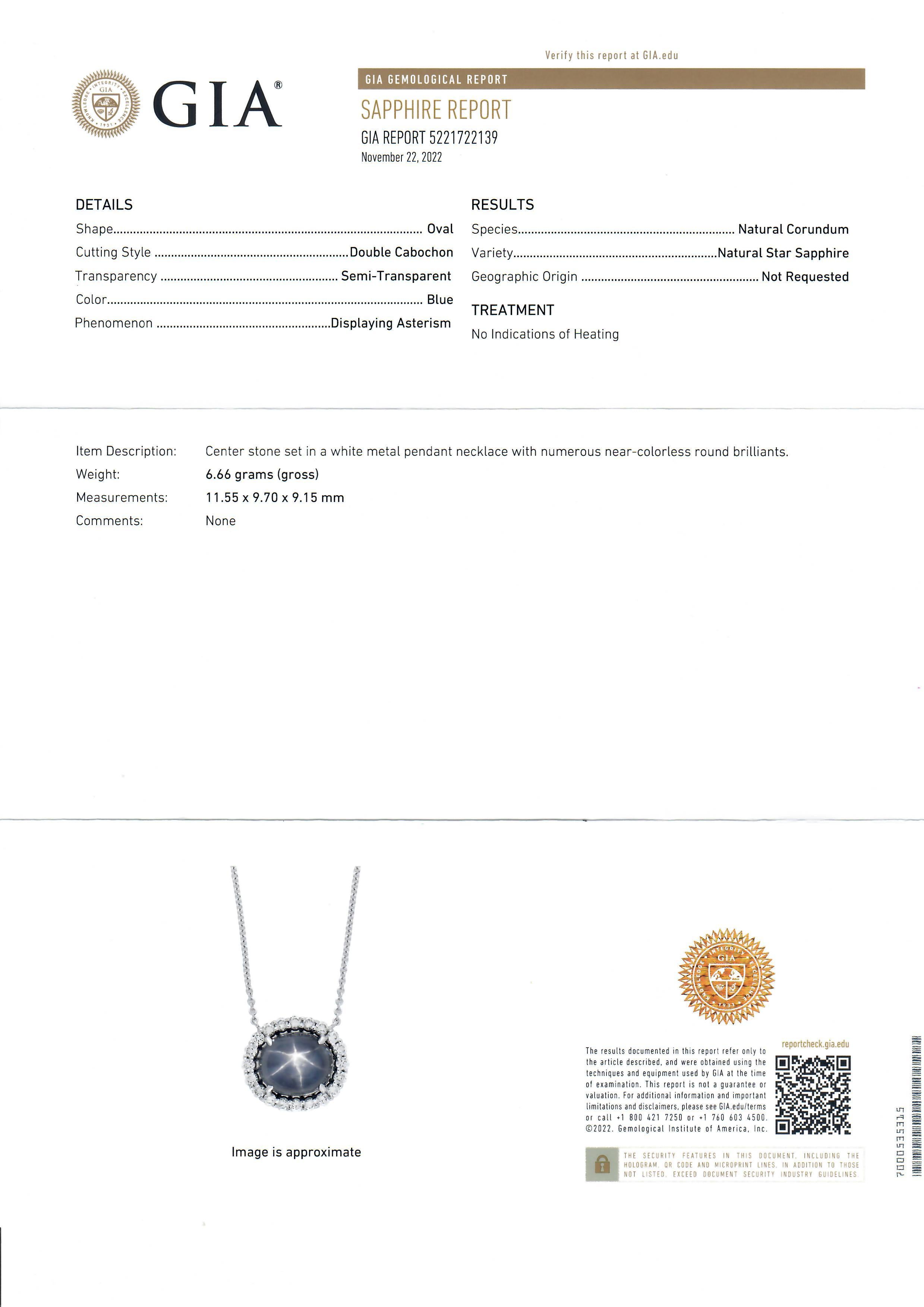 14k White Gold Cabochon Grayish Blue Star Sapphire Diamond Halo Pendant Necklace 4