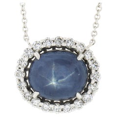 14k White Gold Cabochon Grayish Blue Star Sapphire Diamond Halo Pendant Necklace
