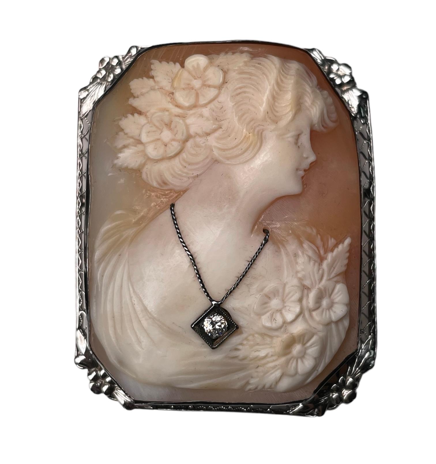 Round Cut 14K White Gold Cameo Brooch/ Pendant For Sale