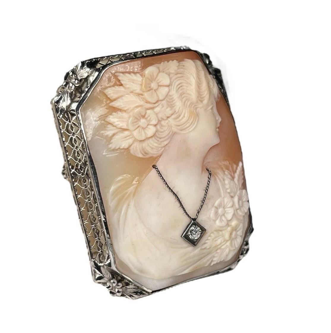 Women's 14K White Gold Cameo Brooch/ Pendant For Sale