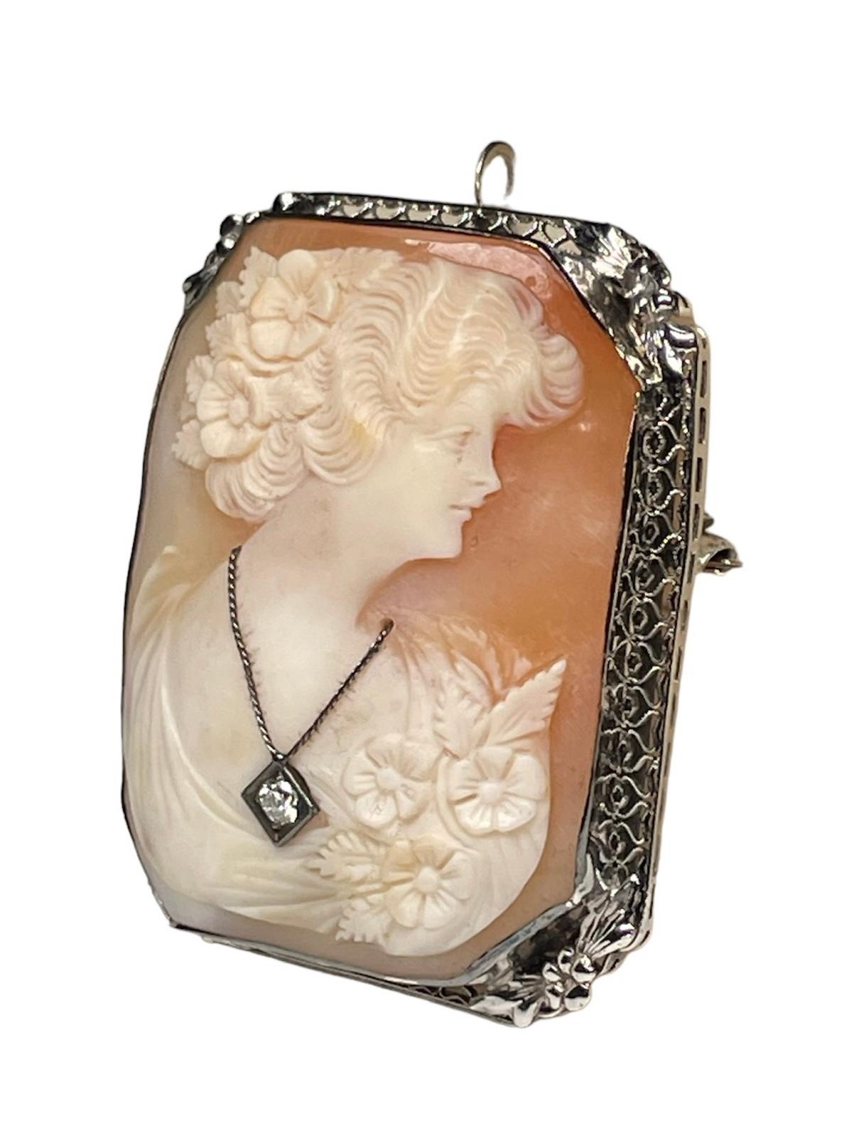 14K White Gold Cameo Brooch/ Pendant For Sale 1