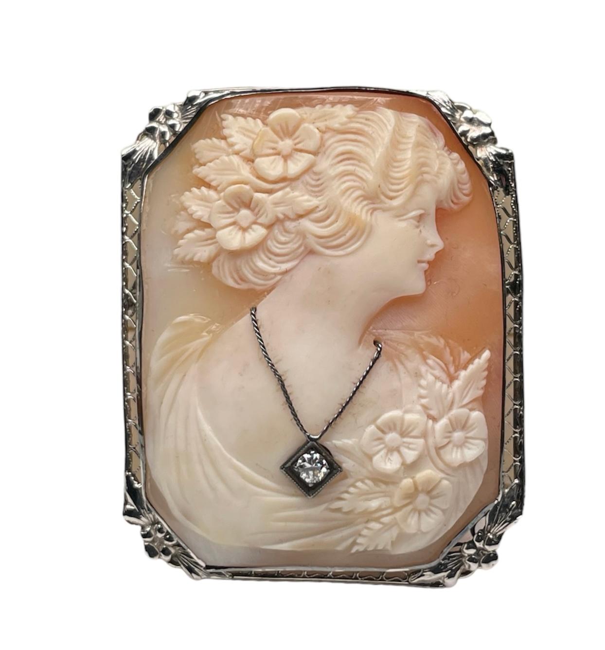 14K White Gold Cameo Brooch/ Pendant For Sale 2