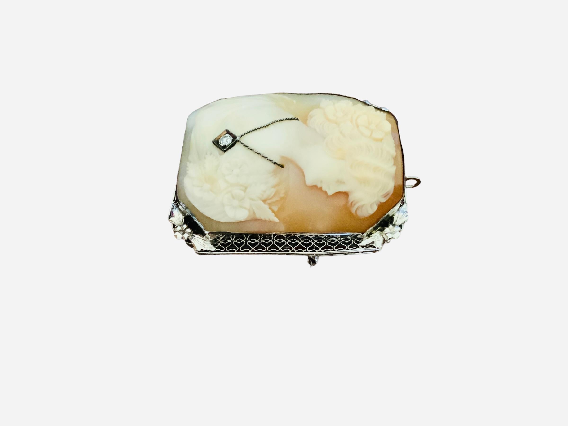 This is a 14K white gold Cameo brooch/pendant. It depicts an octagonal shaped orange shell cameo with a relief of a woman bust. The woman has a wavy hair adorned with pansy flowers. Her dress is also decorated by the same flowers. Her neck is