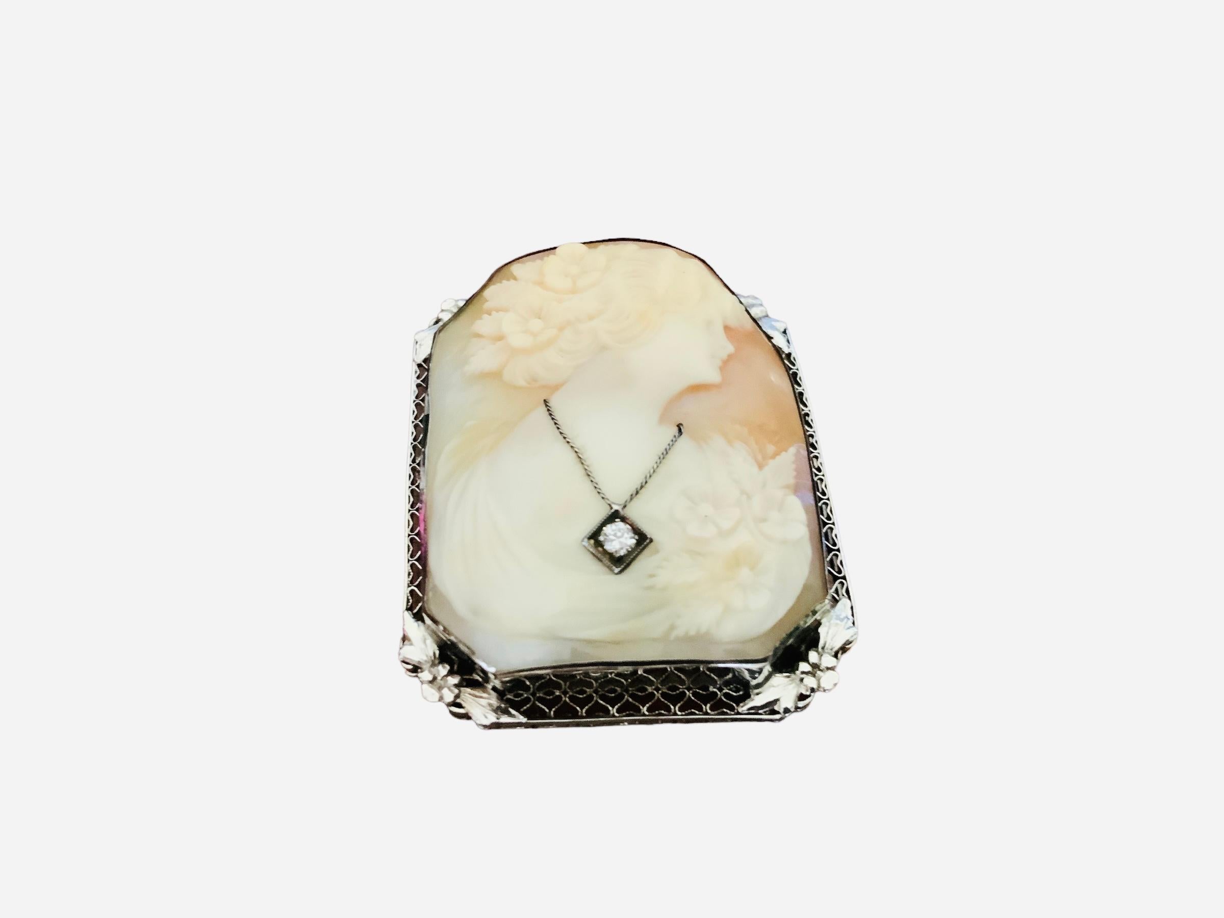 Round Cut 14K White Gold Cameo Brooch/ Pendant  For Sale