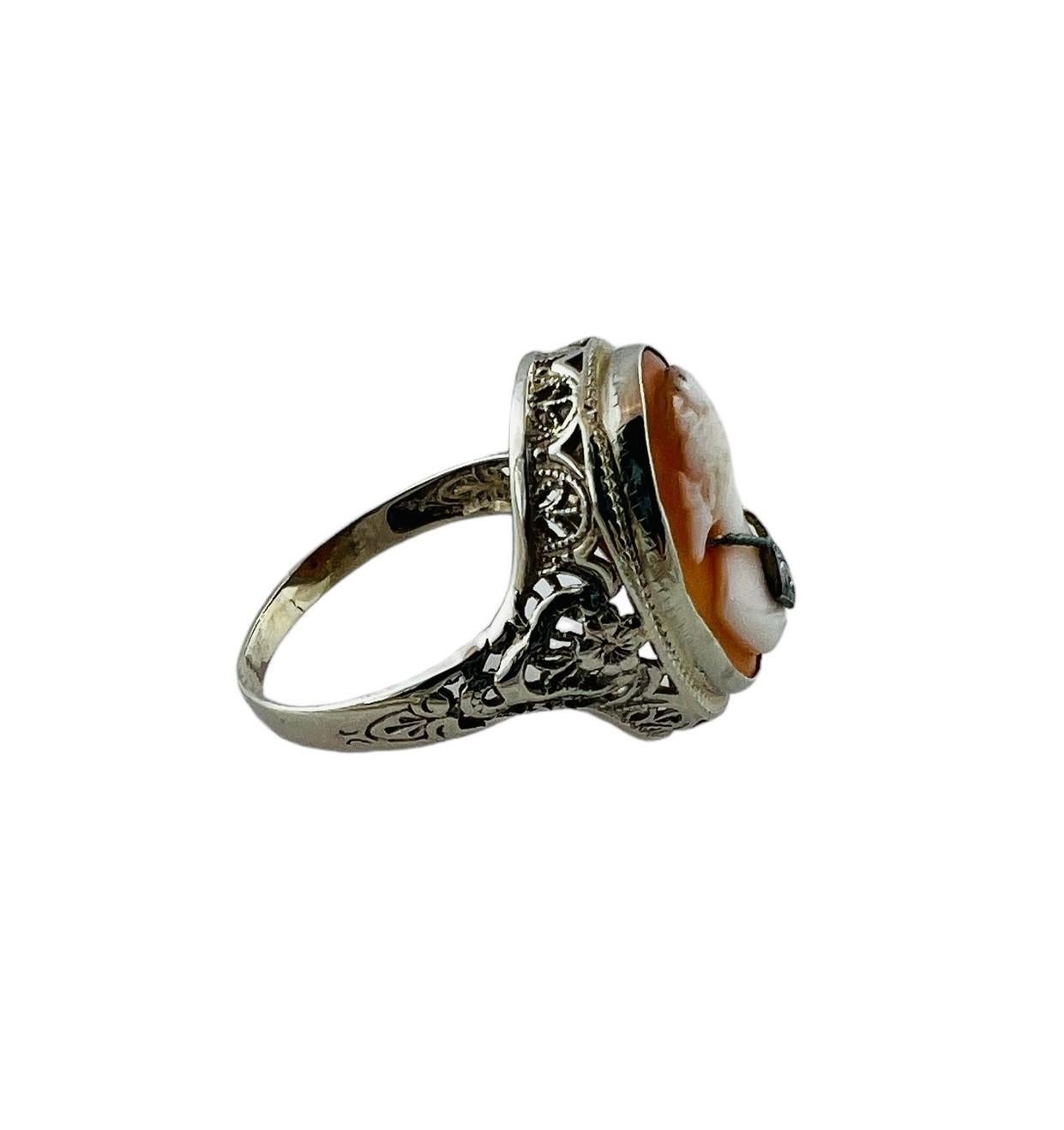 Single Cut 14K White Gold Cameo Filigree Ring with Diamond #16682 For Sale