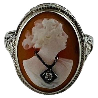 14K White Gold Cameo Filigree Ring with Diamond #16682 For Sale