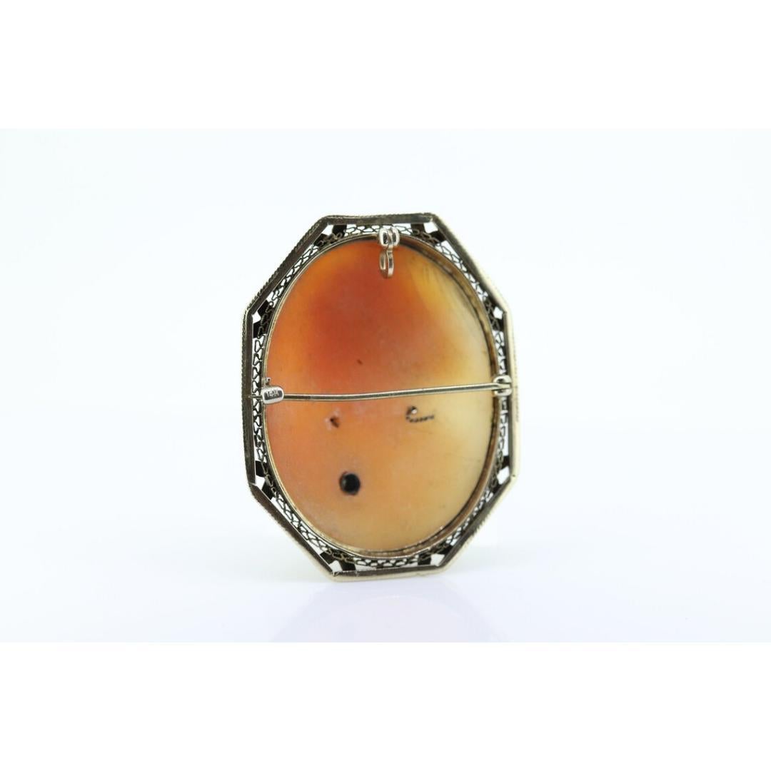 Vintage from the 1950s

Materials: cameo brooch, cameo brooch pendant, cameo pin brooch pendant

14k Gold Carved Cameo Shell Brooch and Pendant.

Xlarge in size. 2mm diamond in the necklace.

Marked 14k and test appropriately.

Details:
12.5grams