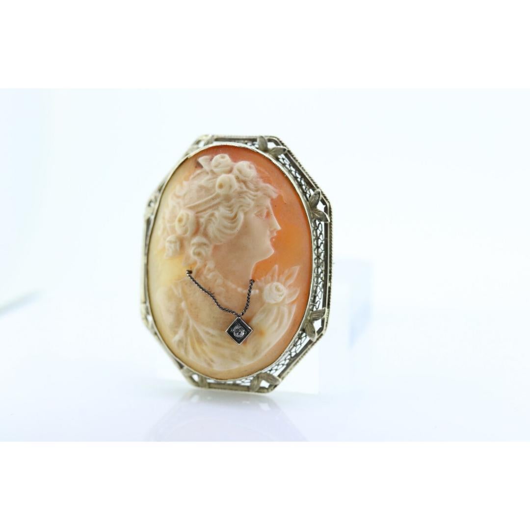 14k White Gold Cameo w/ Diamond, Vintage Filigree Carved Shell Brooch Pin In Good Condition For Sale In Port Charlotte, FL