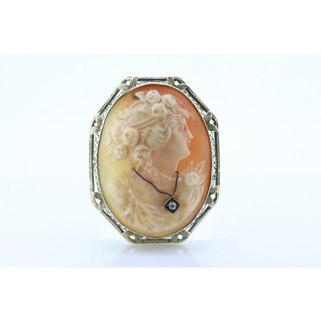 Women's 14k White Gold Cameo w/ Diamond, Vintage Filigree Carved Shell Brooch Pin For Sale