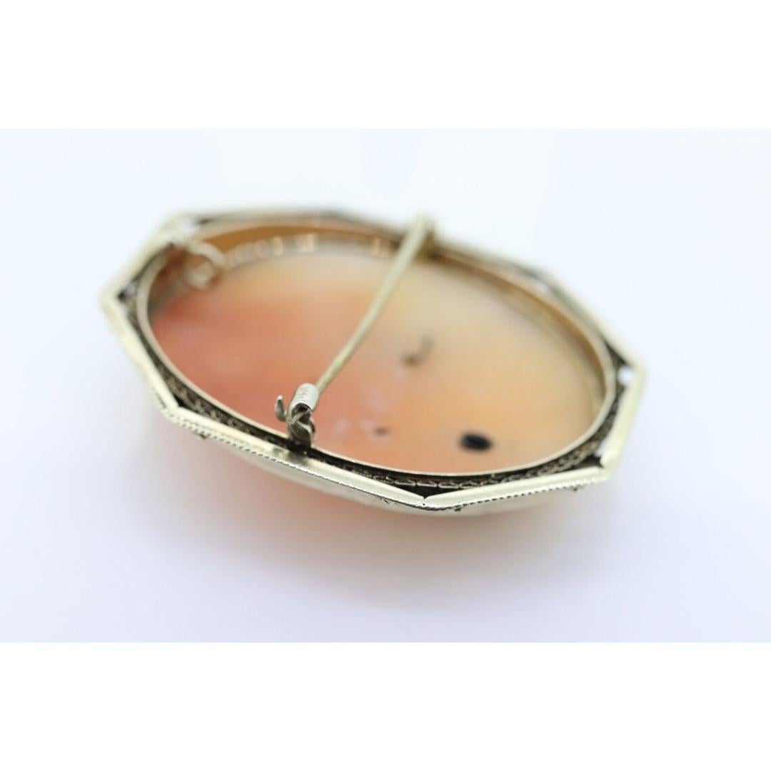 14k White Gold Cameo w/ Diamond, Vintage Filigree Carved Shell Brooch Pin For Sale 1