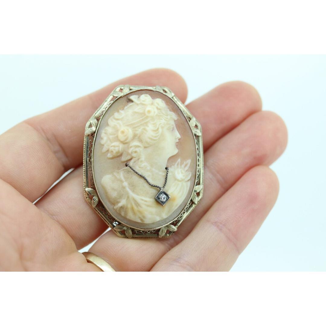 14k White Gold Cameo w/ Diamond, Vintage Filigree Carved Shell Brooch Pin For Sale 2