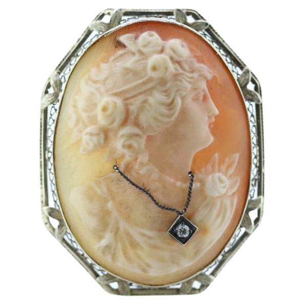 14k White Gold Cameo w/ Diamond, Vintage Filigree Carved Shell Brooch Pin For Sale