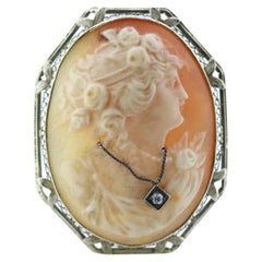 14k White Gold Cameo w/ Diamond, Vintage Filigree Carved Shell Brooch Pin