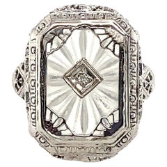 Vintage 14k White Gold Camphor Glass and Diamond Ring Art Deco 1930s