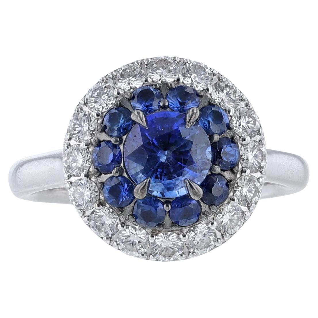 14K White Gold Round Sapphire Diamond Halo Ring For Sale