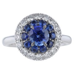 14K White Gold Round Sapphire Diamond Halo Ring
