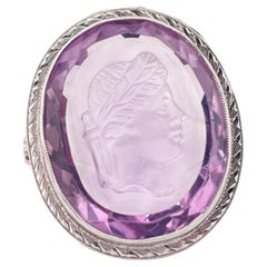 14K White Gold Carved Amethyst Intaglio Hardstone Ring