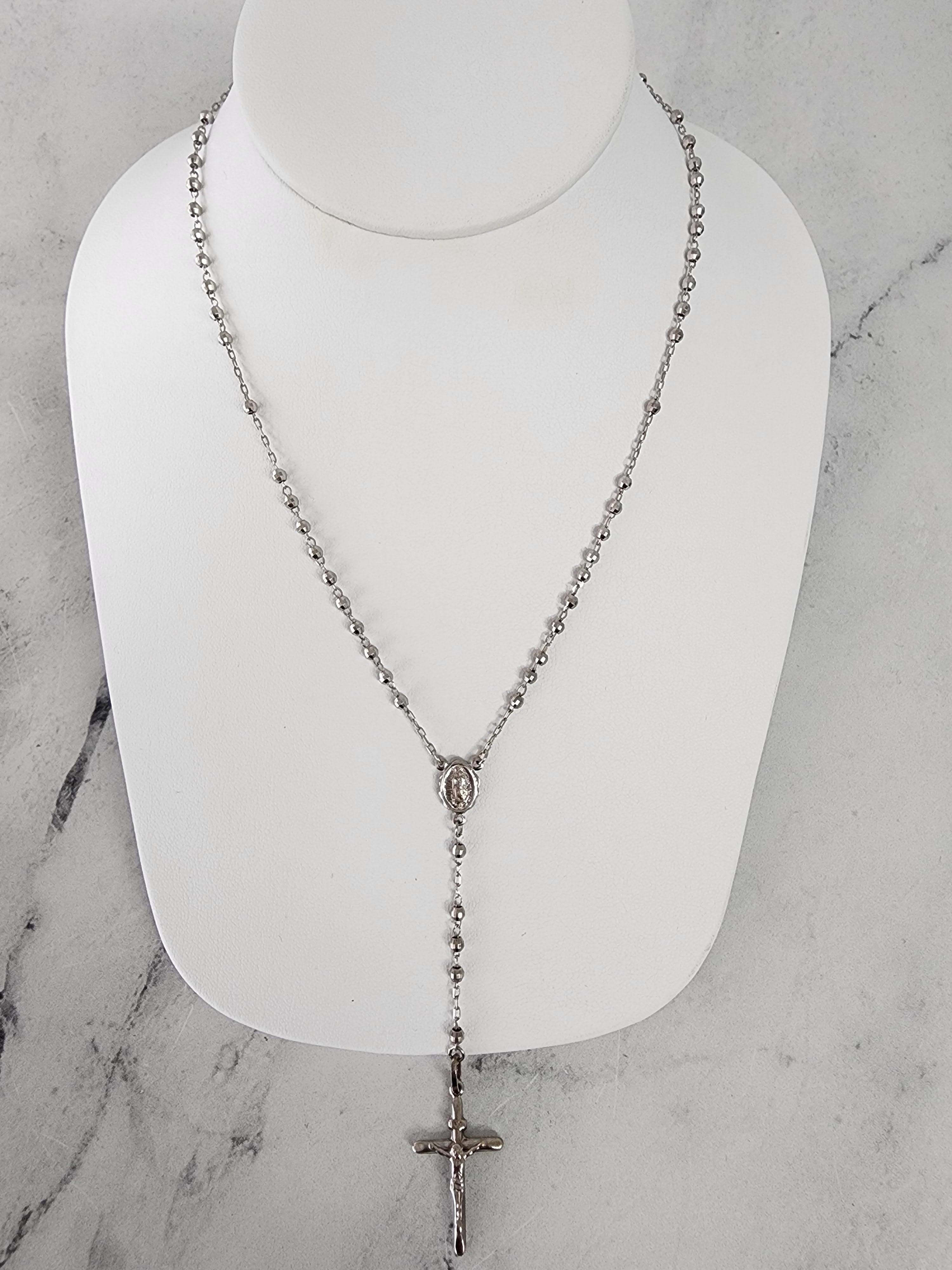 da uomo o donna Collana con rosario cattolico a Y in oro bianco 14k con grani di stazione della Vergine Maria in vendita