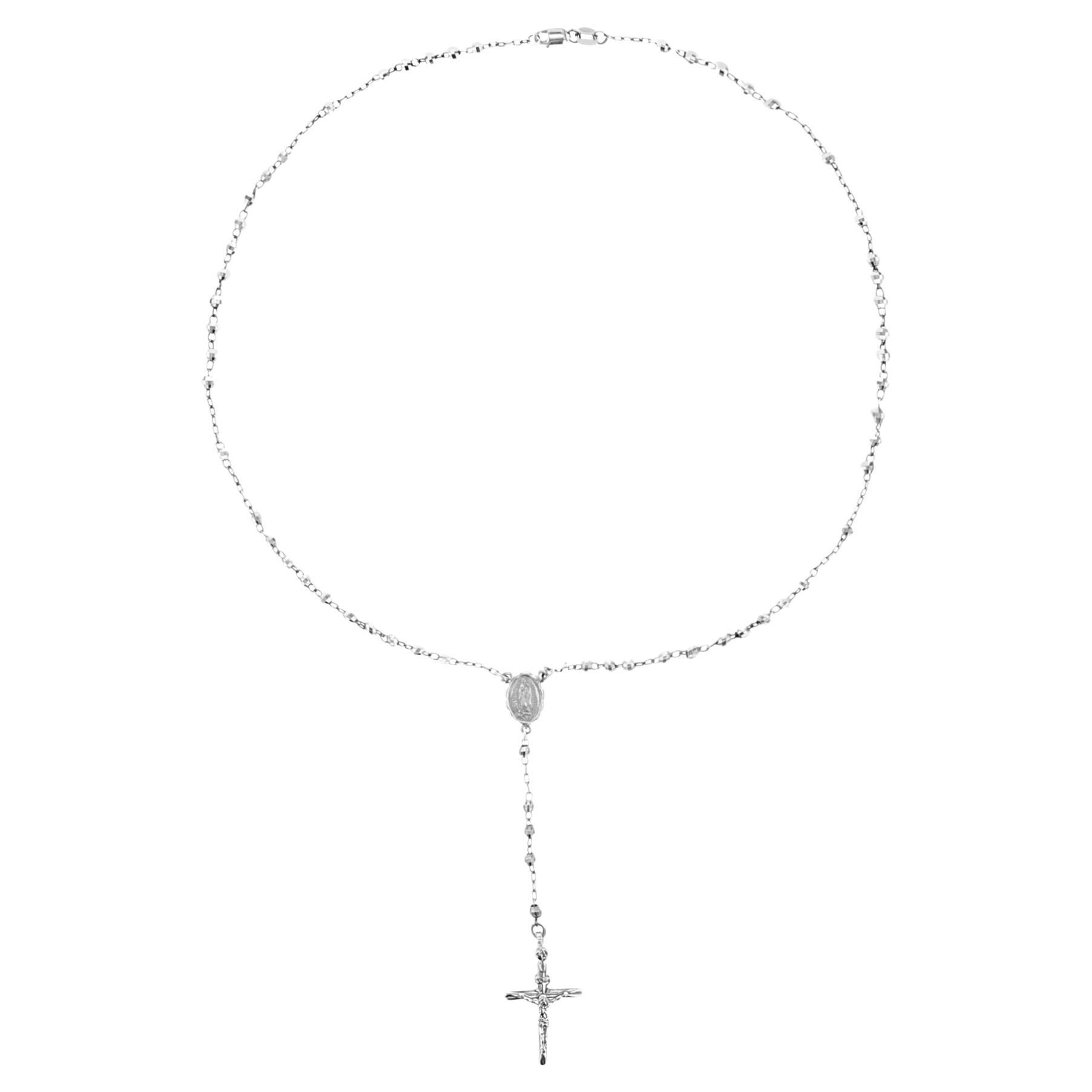 Collar católico de oro blanco de 14 quilates en forma de Y con cuentas de estación de la Virgen María