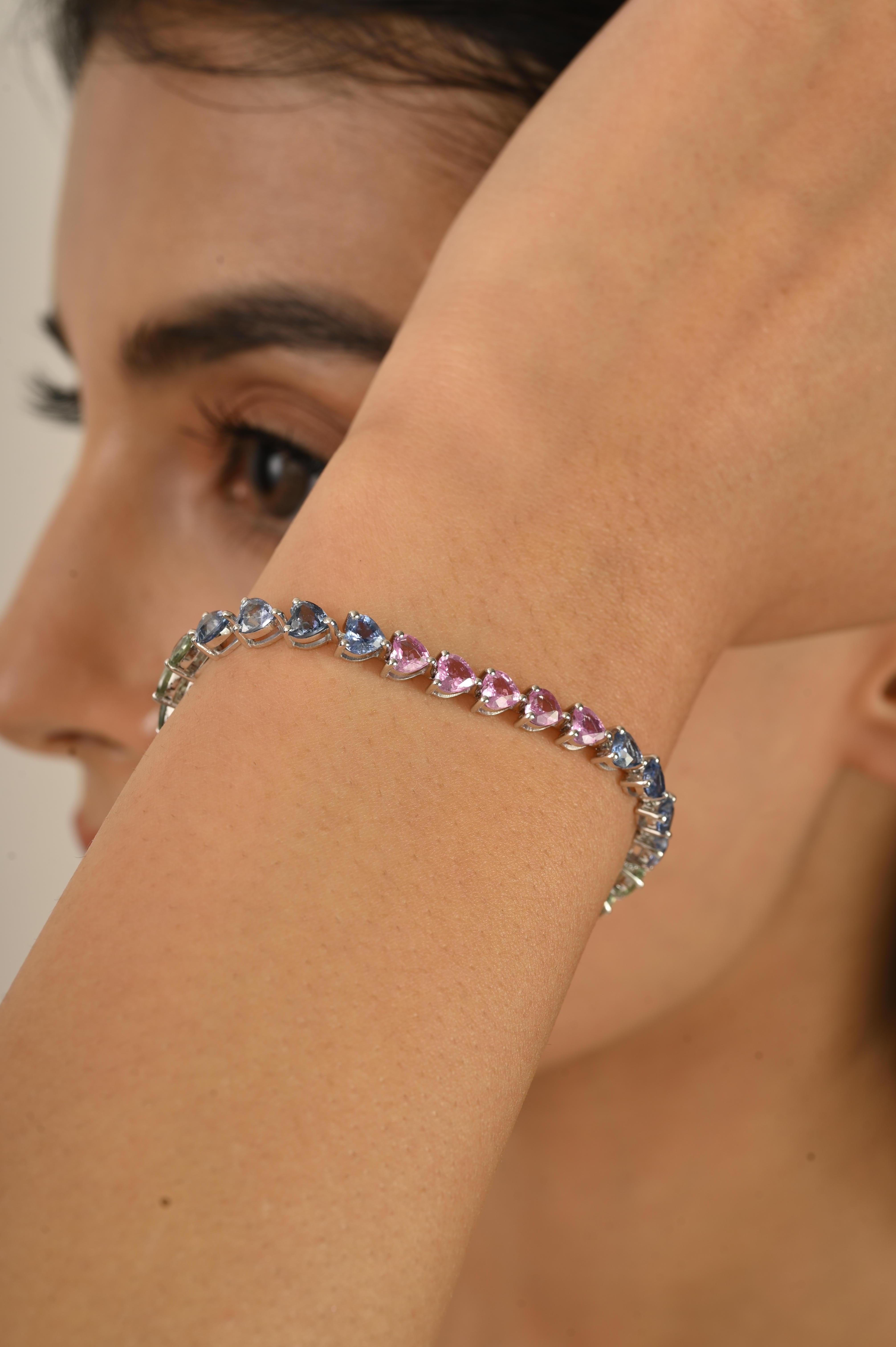 Bracciale tennis in oro bianco 14k certificato 11,33 CTW con cuore e zaffiri multipli per lei in vendita 4